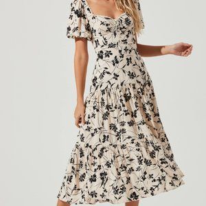 ASTR The Label Baldwin Black Cream Floral Print Puff Sleeve Midi Dress L